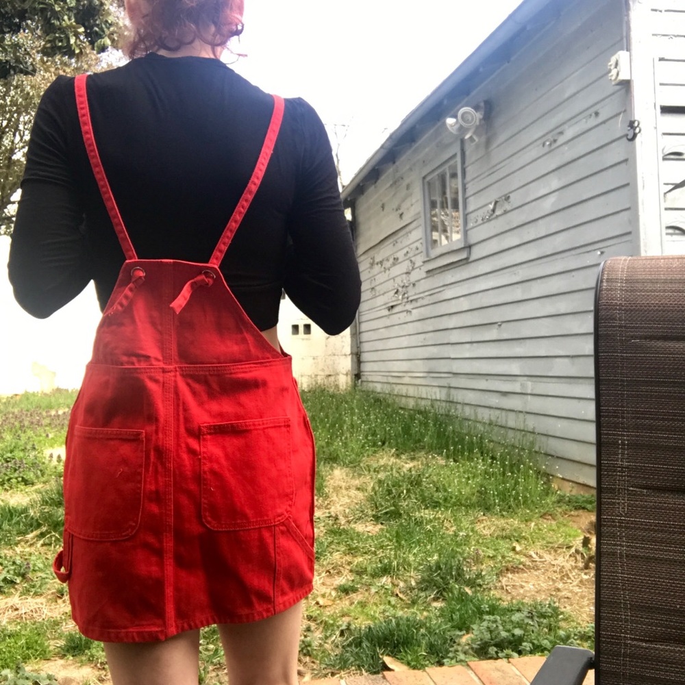 Red denim pinafore
